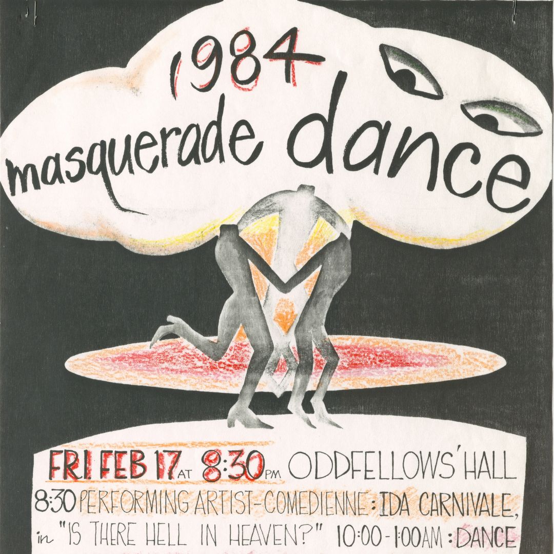 Poster for the 1984 Marsquerade Dance featuring a hand drawn illustration of three people dancing with their head in the clouds.